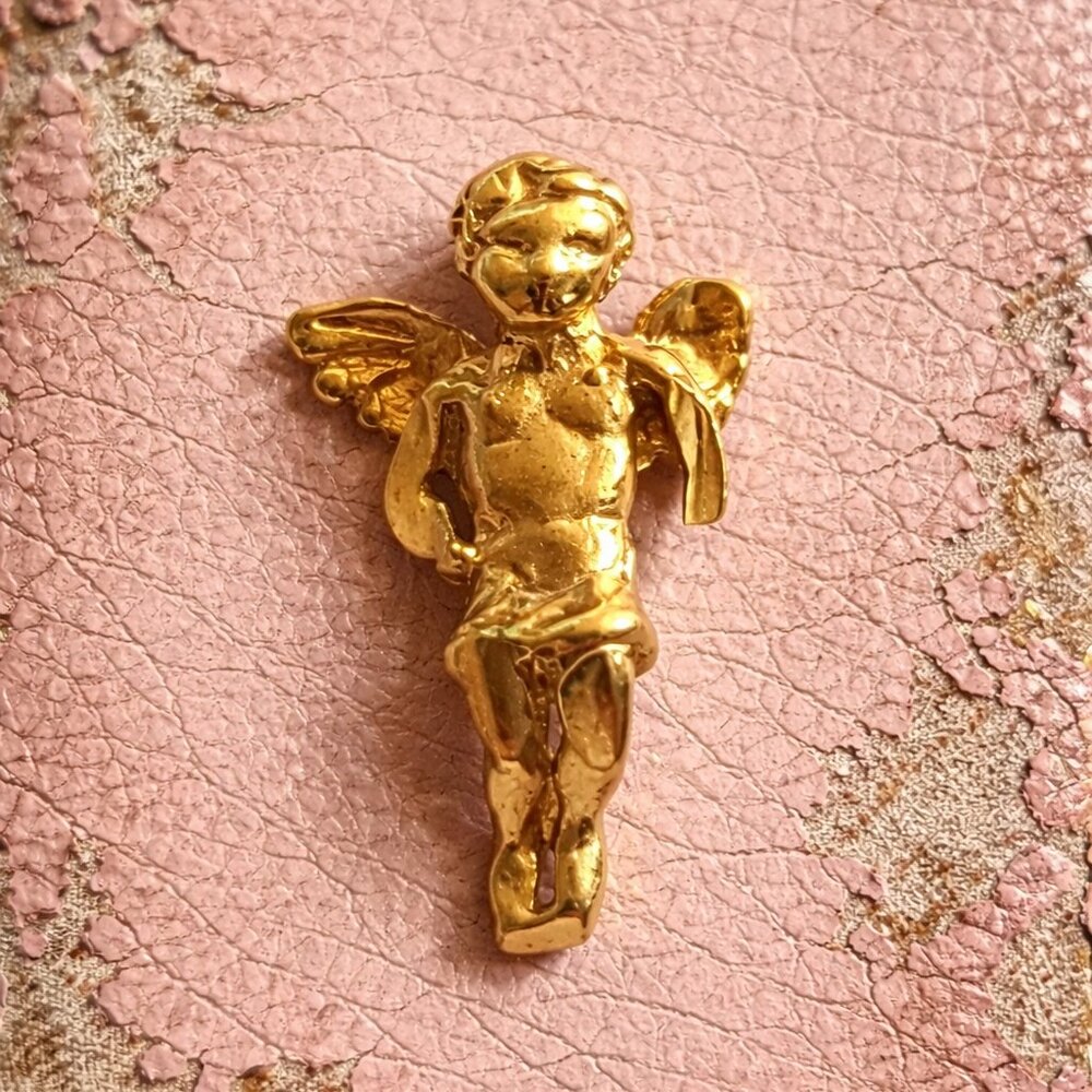 Holy Guardian Angel Boy Cherub Vintage Gold Lapel Pin
